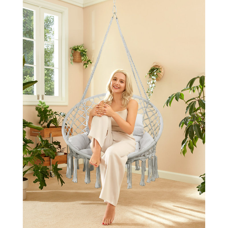 Hammock Chair Swing Chair with Comfy Cushion Boho Hanging Chair for Outdoor Indoor Perfect for Bedroom Beige 48 H x 27.6 L x 24 W